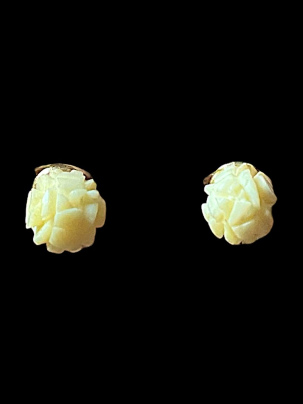 Vintage Hand Carved Bovine Bone Flower Clip on Earring Balls